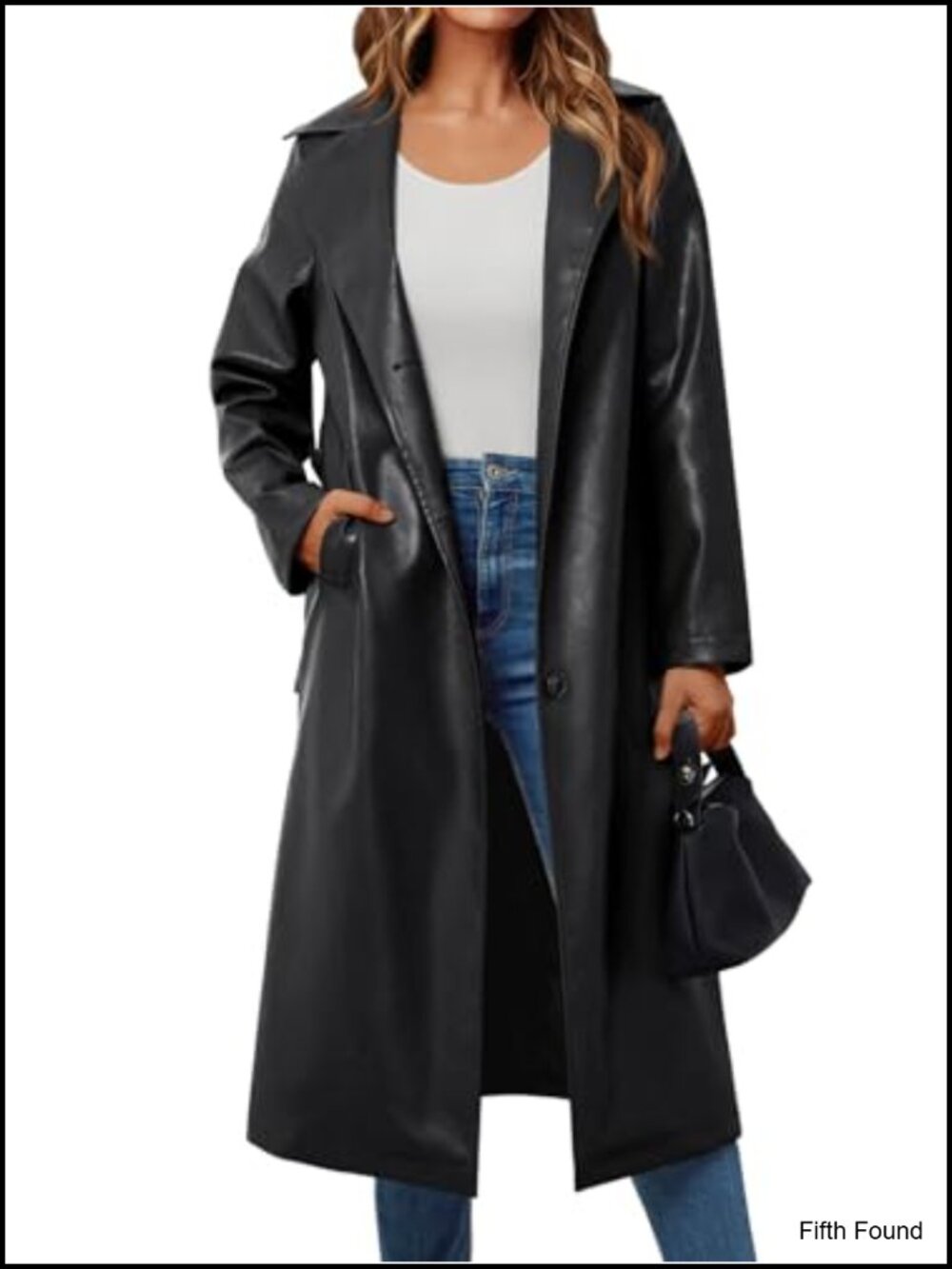 Faux Leather Trench Coat Belted Long Lapel Jacket
